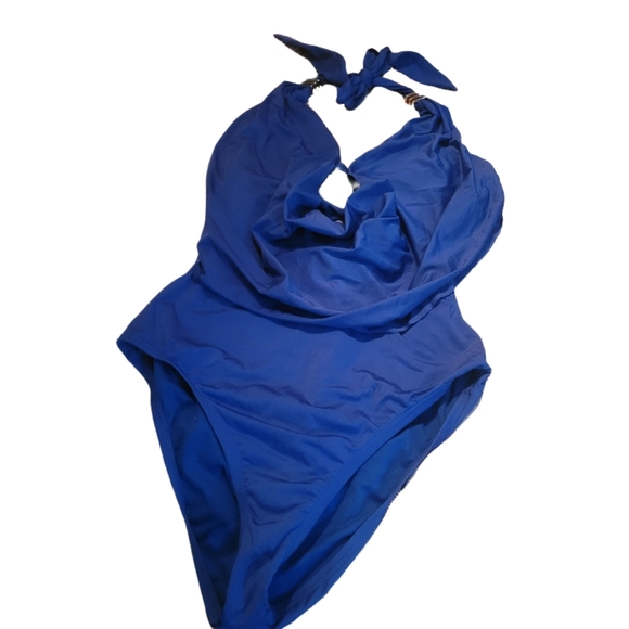 Draped Neckline One Piece Halter Swimsuit M - Picture 3 of 5